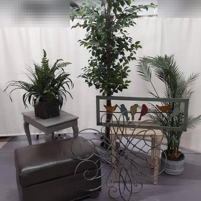 *dimensions 3 Artificial Plants w/pots. 2 Wooden Nightstands, Large Green Ottoman 2 Metal Art Decor