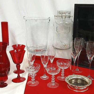  Ruby Red Glassware- Baseball Cabinet- Hand Blown Ice Bucket -Poland