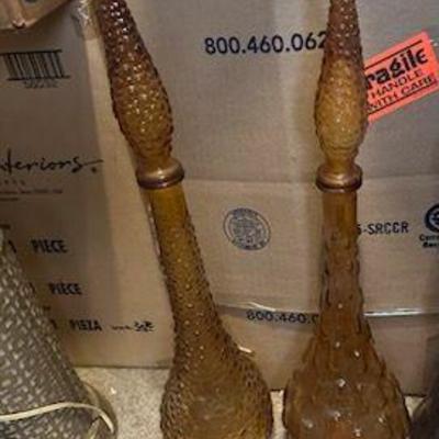 Vintage MCM Italian Empoli Amber Diamond Glass Hobnail Genie Bottle Decanter 22“
$30ea.