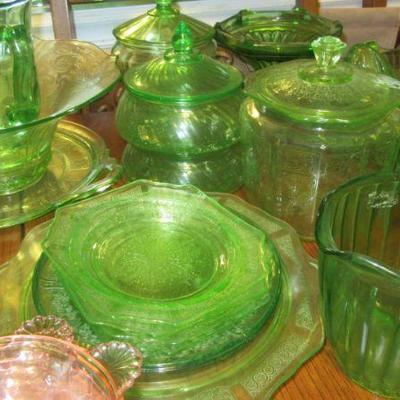 Steffans more green dep. glass bisquit jars pitchers,
