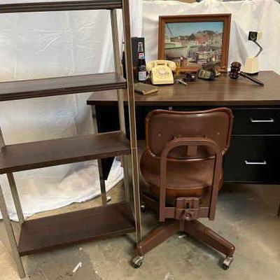 Vintage metal desk with chair shelf