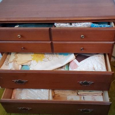 DRESSER FULL OF VINTAGE LINENS AND MORE
