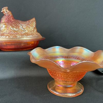 Carnival Glass Bowl And Hen Dish