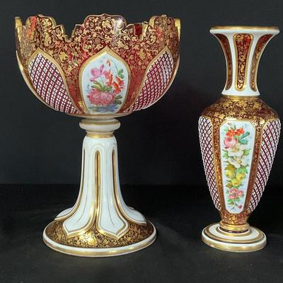 Cranberry Glass With White Overlay Vase and Bowl