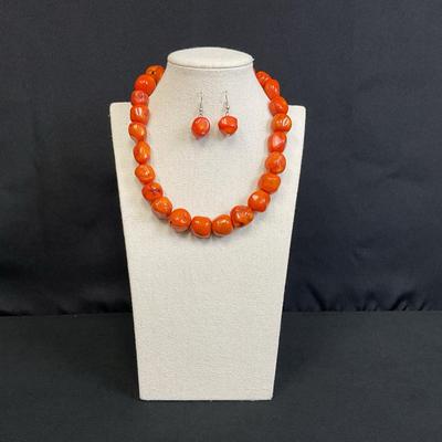 Orange Coral Style Bead Necklace & Earrings
