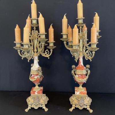 Vintage Brass and Red/White Marble Baroque Italian Candelabras