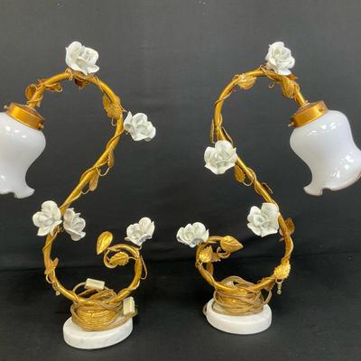 Vintage Italian Told Gold Gilt Ceramic Roses Marble Base Lamps 