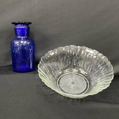 Vintage Cobalt Blue Apothecary Jar and Clear Glass Bowl