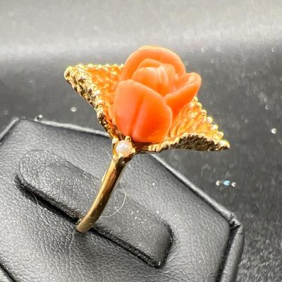 14KT Gold Carved Coral Floral Ring with Seed Pearls — Size 5