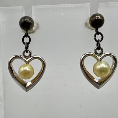 1” Sterling Silver Heart Earrings with Faux Pearls