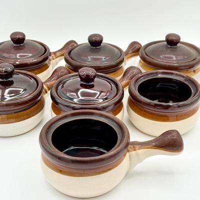(7) Brown Glazed Stoneware Soup Crocks with Lids