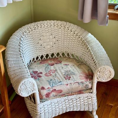 Vintage White Wicker Armchair & Rocker with Floral Cushions 