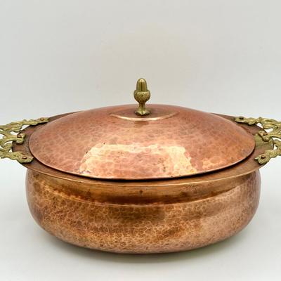 Hand-Hammered Copper Covered Dish with Ornate Brass Handles