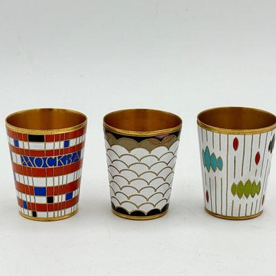 (3) Russian Cloisonné-Style Enamel Over Brass Shot Glasses – Marked