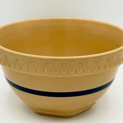 Over and Back Yellow Ware Mixing Bowl with Blue Band – 9.5”