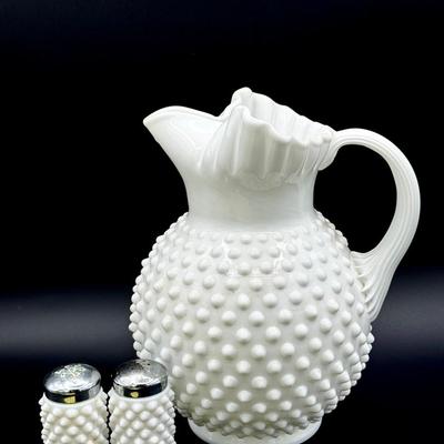 (3) Pieces of White Hobnail Milk Glass – Pitcher & Salt & Pepper Shakers