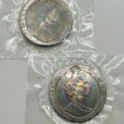 (2) 1990 Isle of Man One Crown “Penny Black Stamp” Silver Coins with Lovely Rainbow Patina