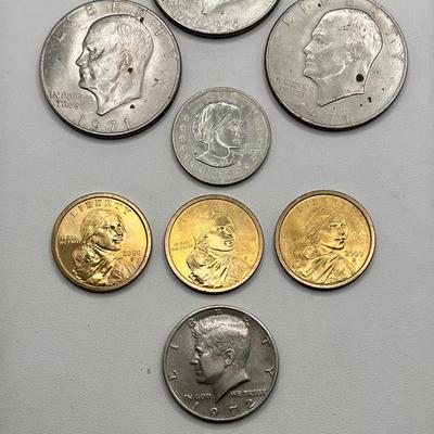 (9) Vintage American Coins ft. Eisenhower Dollars, Sacagaweas, & 1953 Wheat Penny