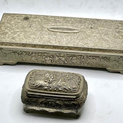 Vintage Metal Jewelry Boxes with Ornate Embossed Designs