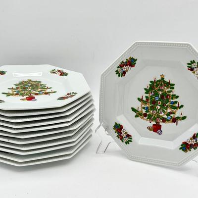 (12) Fairfield Fine China Christmas Tree Plates – Octagonal