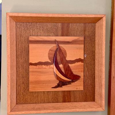 Signed Wood Inlay Wall Art – Sailboat Scene by Robert J. (2022)