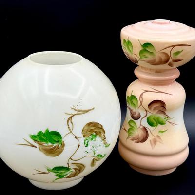 (2) Hand Painted Satin Glass Lamp Parts – Shade & Base