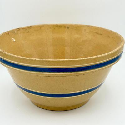 Vintage Stoneware Mixing Bowl with Blue Stripes – 11”