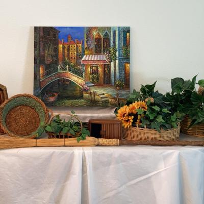 Baskets, Greenery, and Cavas Print Decor Lot