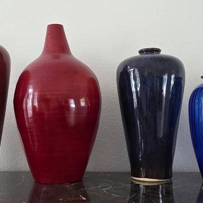 6 Burgundy And Blue Vases