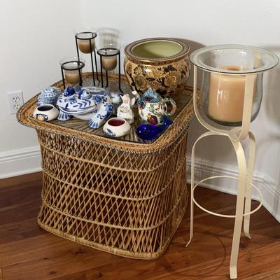 Wicker Table & Candle Stand w/ Various Knick-knacks