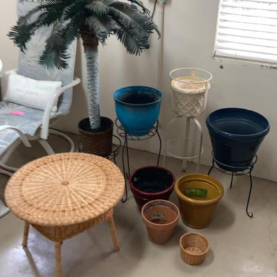 Various Plant Containers, stands, & Faux Palm Tree