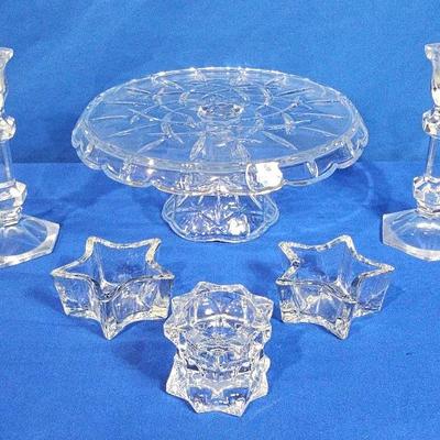 Cut Crystal Cake Stand (1) & Glass Candle Holders (5)