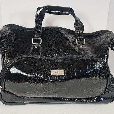 Ellen Tracy Black Faux Crocodile Pattern Rolling Overnight Bag