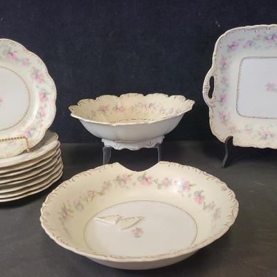Antique Old Ivory "Thistle" Serving Bowls (2), Serving Plate(1) + Dinner Plates (9)