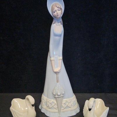 Miquel Requena Porcelain Spanish Lady Figure (1) & Swan Trinket Dishes (2)