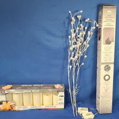 Glow Wick 6 Piece Color Changing LED Candle Set W/Remote (1) + Evergreen Silver LED Branches (1)