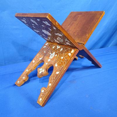 Vintage Hand Carved Book Holder W/Mother Of Pearl Inlay 