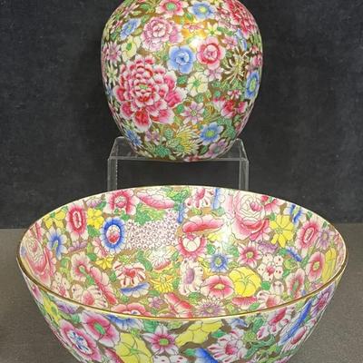Chinese Hand Painted Porcelain Ginger Jar (1) + Rice Bowl (1)