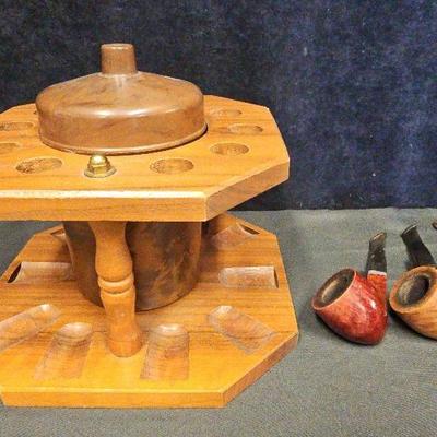 Wooden 10 Slot Pipe Stand (1), Plastic Tobacco Jar (1) & Wooden Pipes (3)