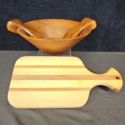 MCM 1976 Burl Walnut Wooden Bowl & Tong Set (3) + Wooden Cutting Board (1)