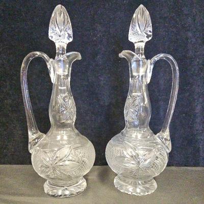 American Cut Glass Lily & Lattice Design Decanters (2) With Original Stoppers