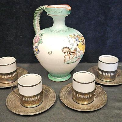Austrian Ceramic Jug By Maser Keramik (1) + Bellini Porcelain Espresso Cups (4) & Saucers (4)
