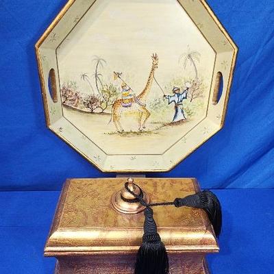 Velvet Lined Wooden Keepsake Box (1) & Hand-Painted Wooden Tray (1)