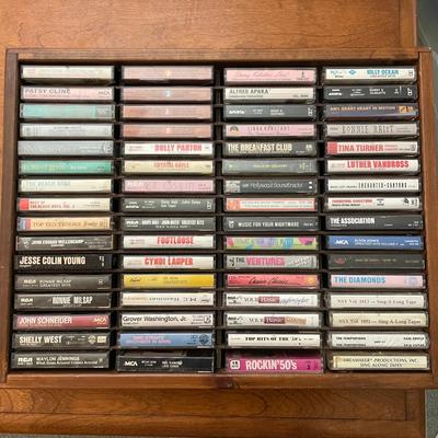 Cassette Tape Lot – Classic Rock & Pop Icons with Wooden Storage Box