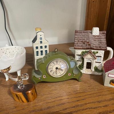 Decorative Lot with Green Clock, Cup, and House Collectibles