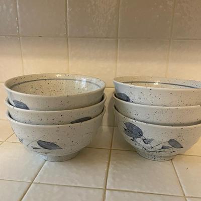 Set of Six Ceramic Bowls With Blue Floral Design