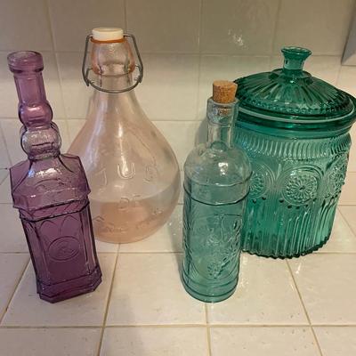Set of Decorative Glass Bottles and Jar in Varied Colors