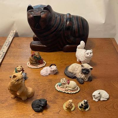 Collection of Wood and Ceramic Cat Figurines