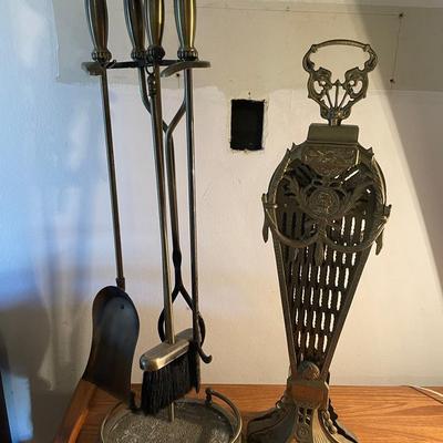 Brass Fireplace Toolset and Decorative Coal Hod