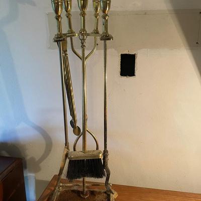Four-Piece Brass Fireplace Tool Set on Stand